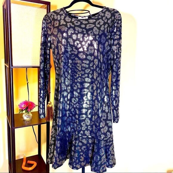 MICHAEL KORS BLACK & SILVER METALLIC LEOPARD PRINT SHIFT DRESS L NWT - Picture 11 of 16